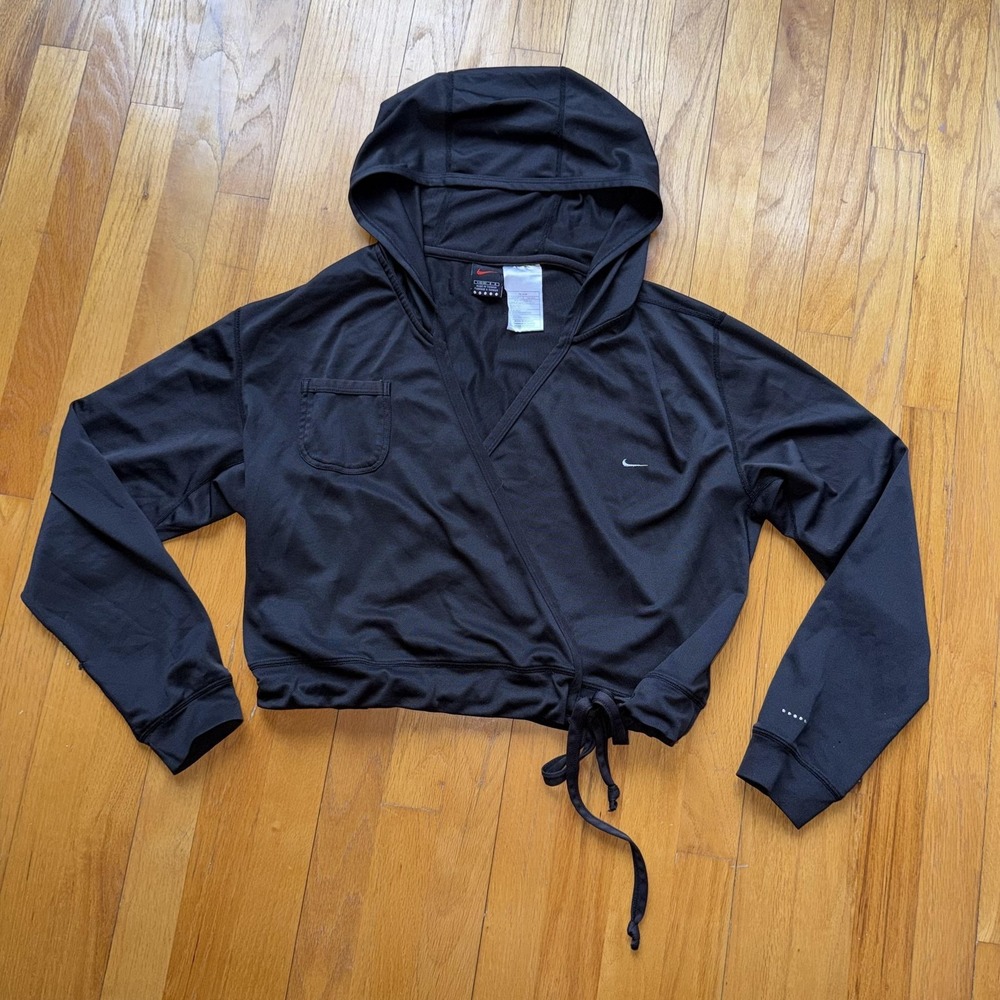 Vintage Y2K Nike Alpha Project Hoodie L Black Wrap V Neck Cropped Drawstring Top